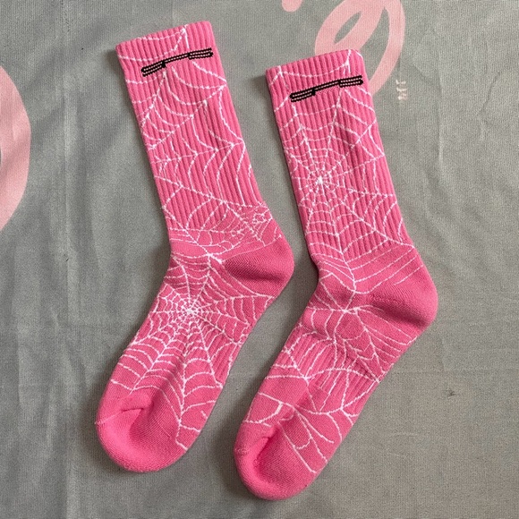 Sp5der Spider Print Ribbed High Socks Unisex Pink - Picture 2 of 6